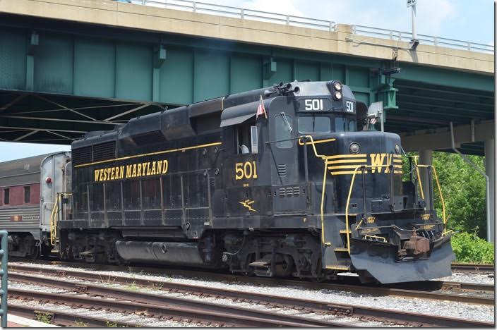 GP30 501 is ex-Conrail, exx-Penn Central and nee-Pennsy. Western Maryland had GP35s but no GP30s. WMSR GP30 501. Cumberland MD. View 3.